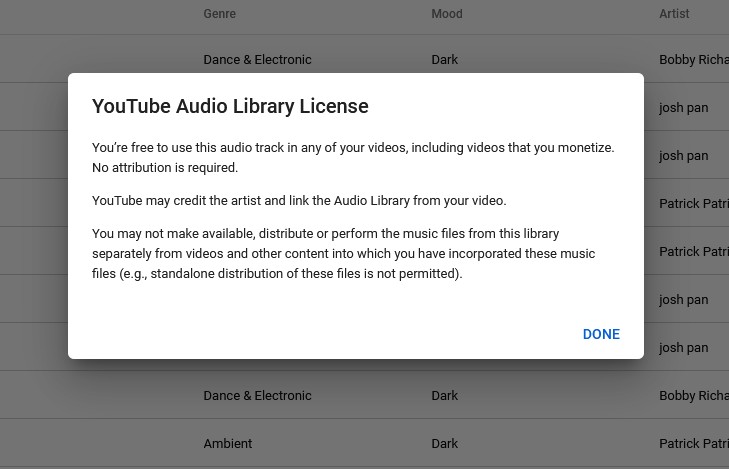 Screenshot of the licence of the music in the Youtube Audio Library